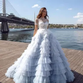 Charming Ombre Blue Prom Party Dresses Extra Ball Gown Tiered Tulle Wedding Bridal Dress For Photo Shoot 2022 Robes De S