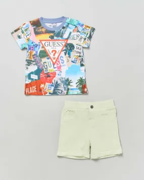Completo in cotone composto da t-shirt a maniche corte multicolor con stampa Los Angeles e bermuda lime 9-24 mesi