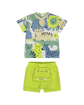Completo in cotone fiammato composto da bermuda lime con ippopotamo e t-shirt con stampa safari multicolor 12-36 mesi