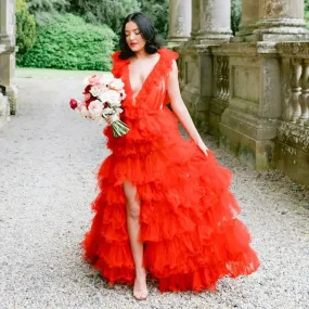 Hot Sale Red Layered Tulle Bridal Dress Long Train Puffy Mesh Wedding Photography Dresses Custom Made Garden Prom Party