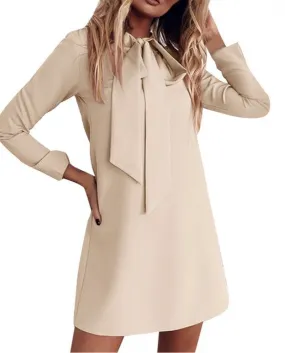 Women Elegant Dress Office Ladies Work Suits Solid Color Elegant Bowknot Collar Long Sleeve Dress Female Party Dresses V